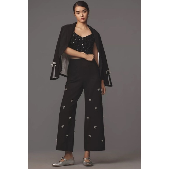 NWT Anthropologie The Colette Cropped Wide Leg Pants Maeve Bow Sequin Black - Picture 3 of 17